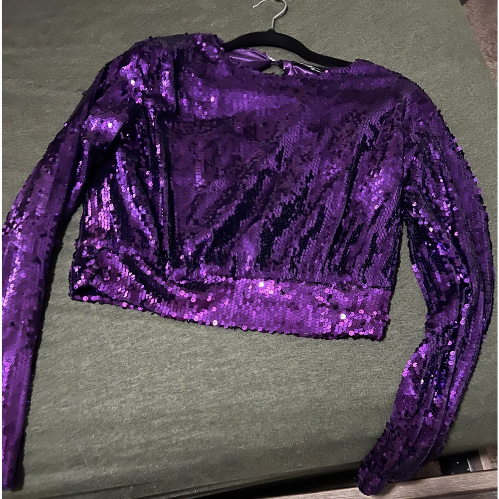 Long sleeve purple sequin crop top